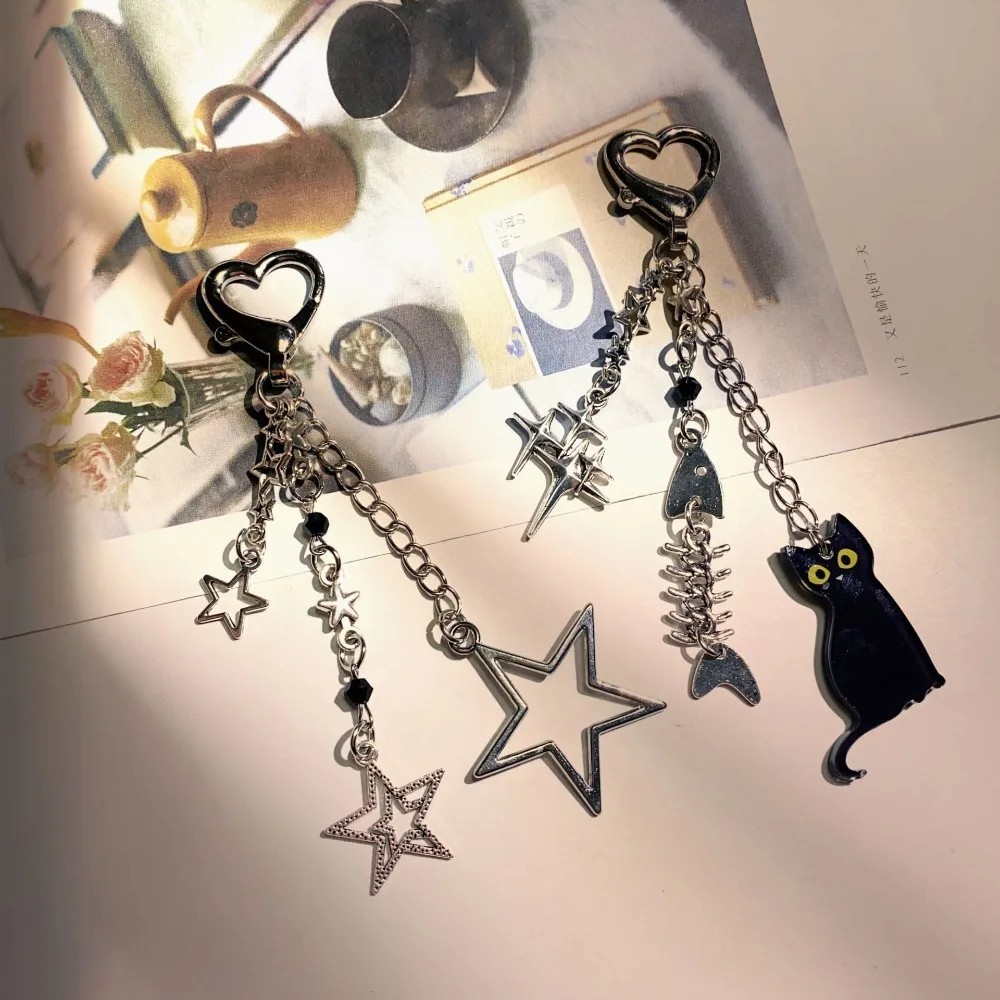 Y2K Fish Bone Little Black Cat Vintage Hollow Star Cross Pendant Keychain Korean Fashion Beads Keyring Jeans Bag Chain Pendant