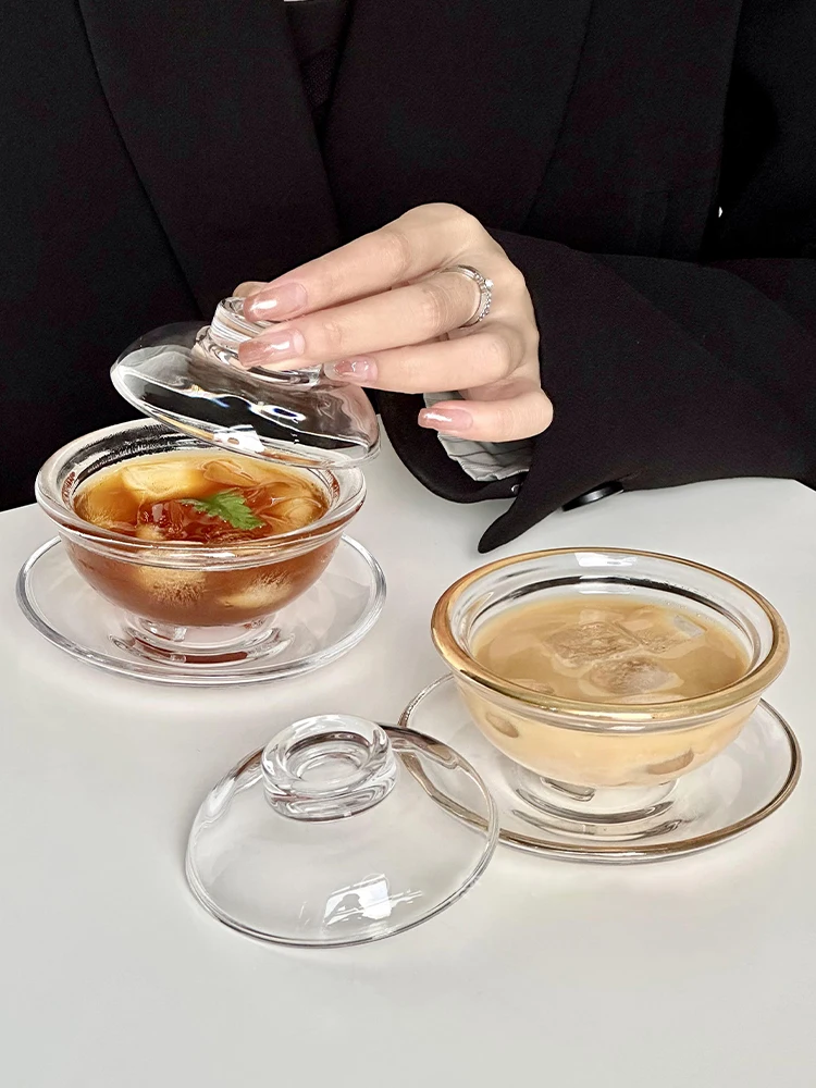 120ML Retro Chinese Phnom Penh Coffee Cup Glass Cup Dish Set With Lid High Temperature Resistant Nordic Tea Cup And Plate Set