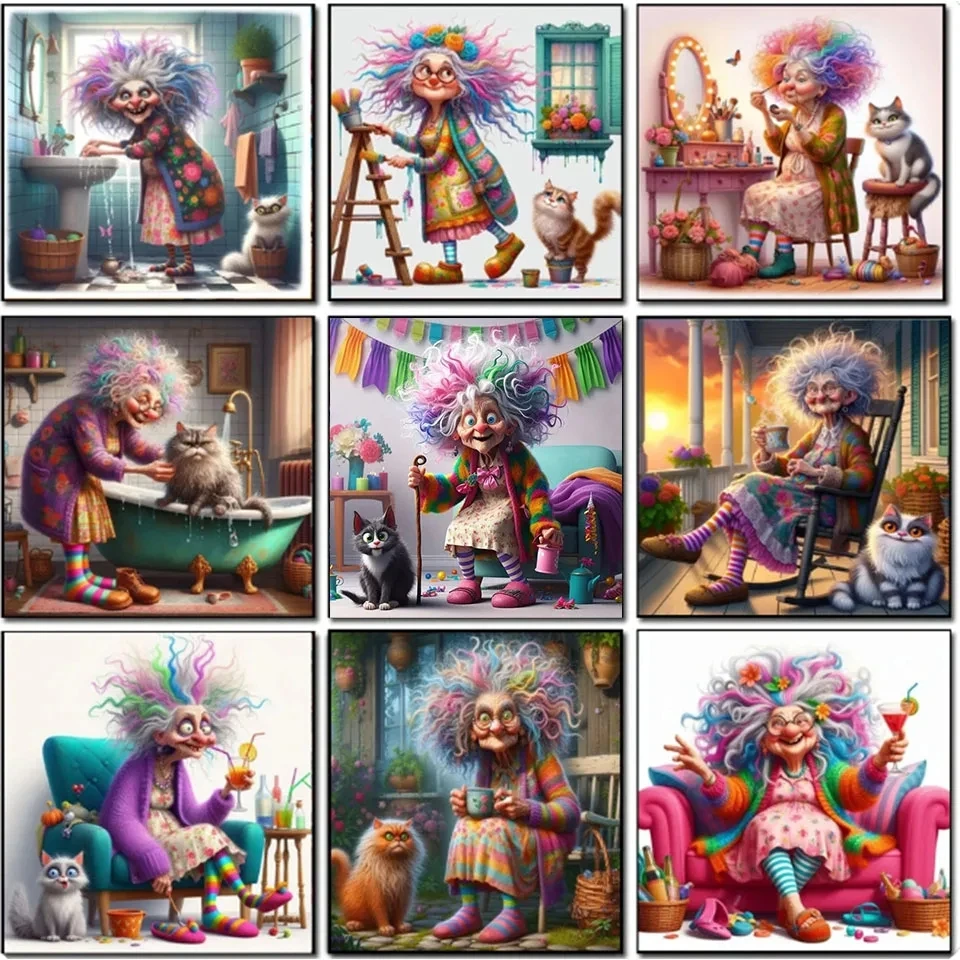 5D Diamond Painting New Granny Makeup Happy Late Life Full Diamond Mosaic Art Funny Old Grandmother Cat Embroidery Decor