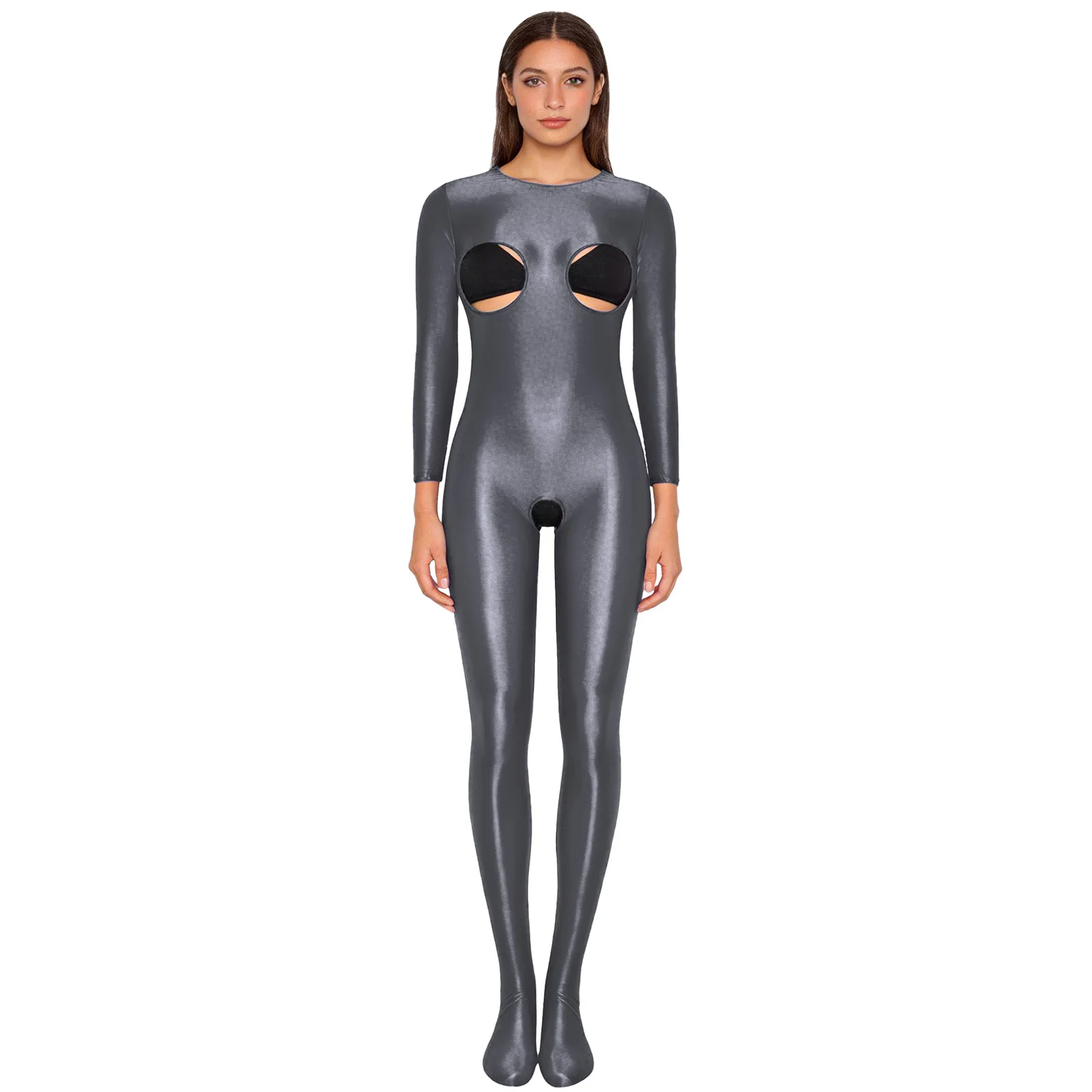 

Womens Lingerie Glossy Cutout Open Cup Open Crotch Tights Bodysuit Stretchy Unitard Nightwear Long Sleeve Footed Sexy Jumpsuit