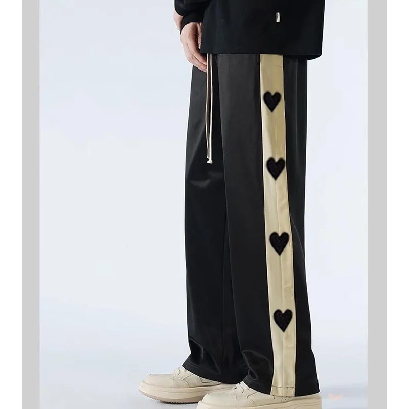 2024 new love print wide leg pants male and female students Korean version of loose casual all straight leg black pants