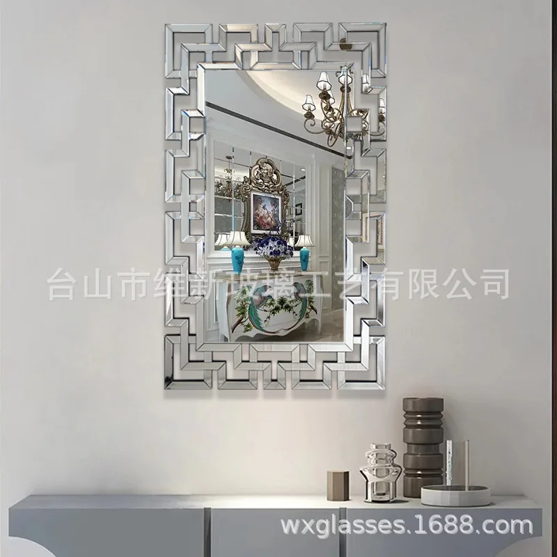 

Foreign trade light luxury square silver mirror glass bathroom magic mirror bathroom cabinet mirror handmade wooden art hanging