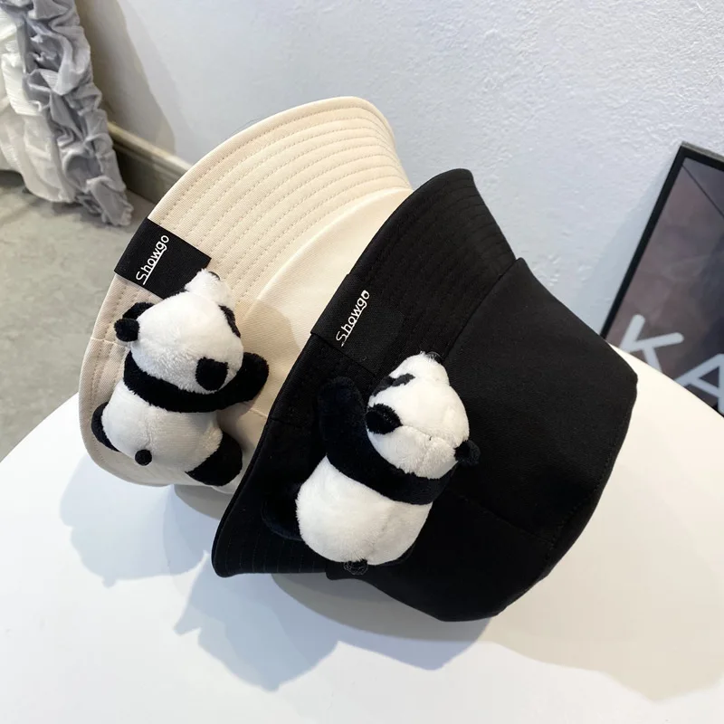 Women\'s Hat Panama Four Seasons Fisherman Hat Big Round Hat Sun Shade Hat Cartoon Panda Lovely Casual Bucket Hat Cap H04