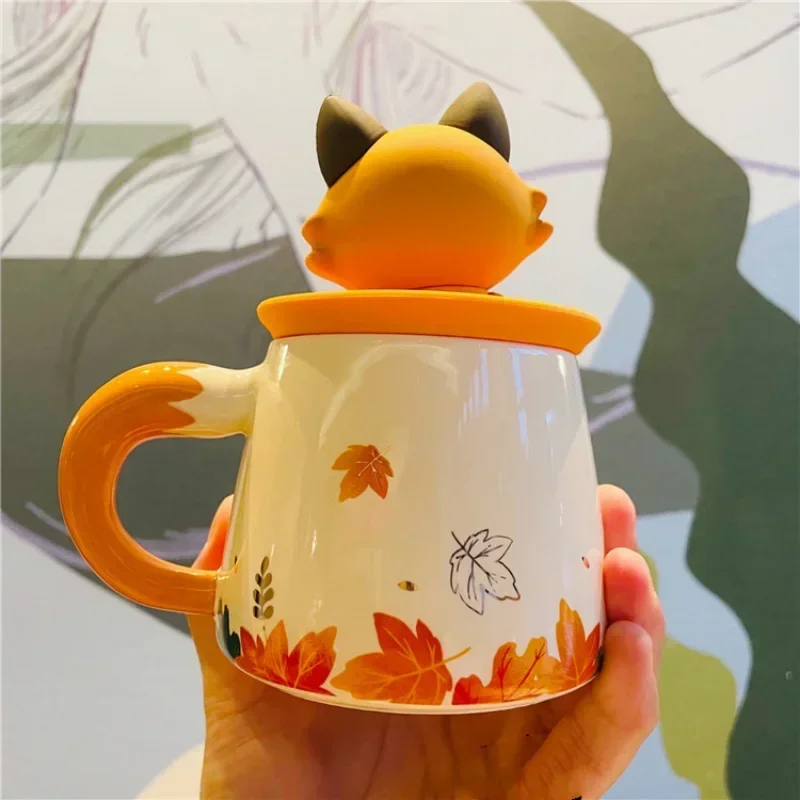 Coffee Mug with Lid New Autumn Cute Maple Leaf Forest Autumn Rabbit Cute Fox Squirrel Acorn Ceramic Mug Cup Set Fall Mug
