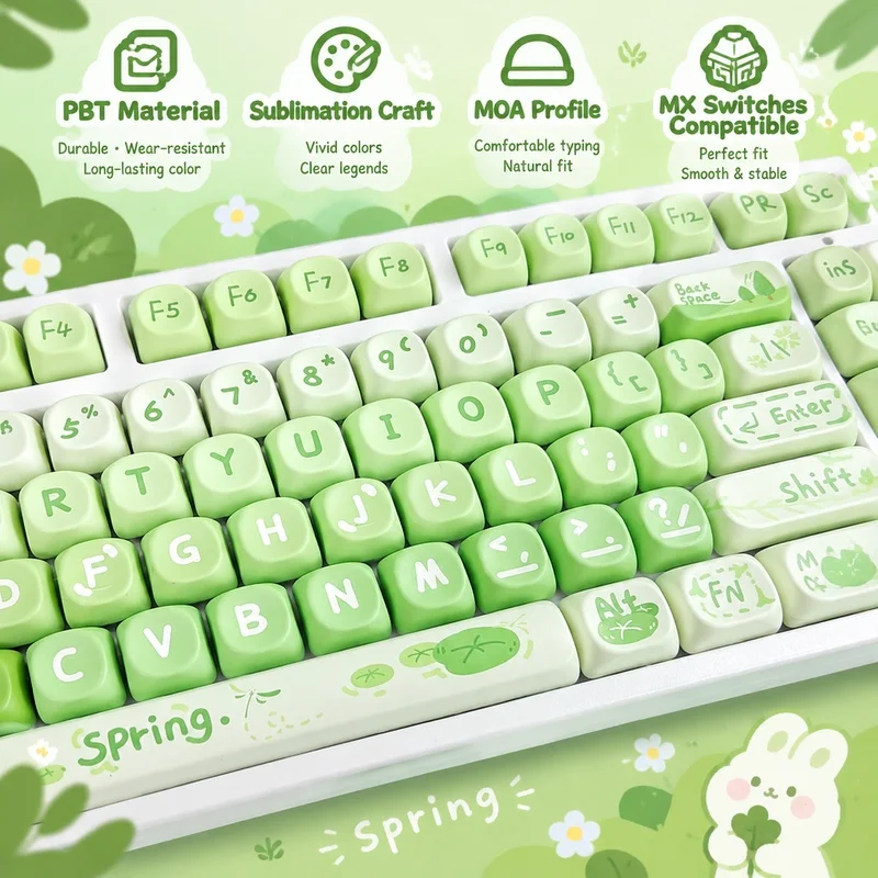 Green Spring Cute Keycaps,New MOA Profile Dye-Sub Doubleshot GMK Key Cap For MX Switches Garming Mechanical Keyboards
