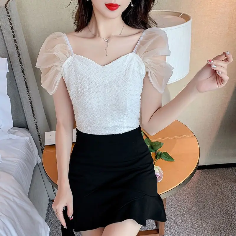 Blouses Women Patchwork Creativity Seductive Modern Simple Sweet All-match Summer Korean Style Ladies Leisure Daily Sexy Chic