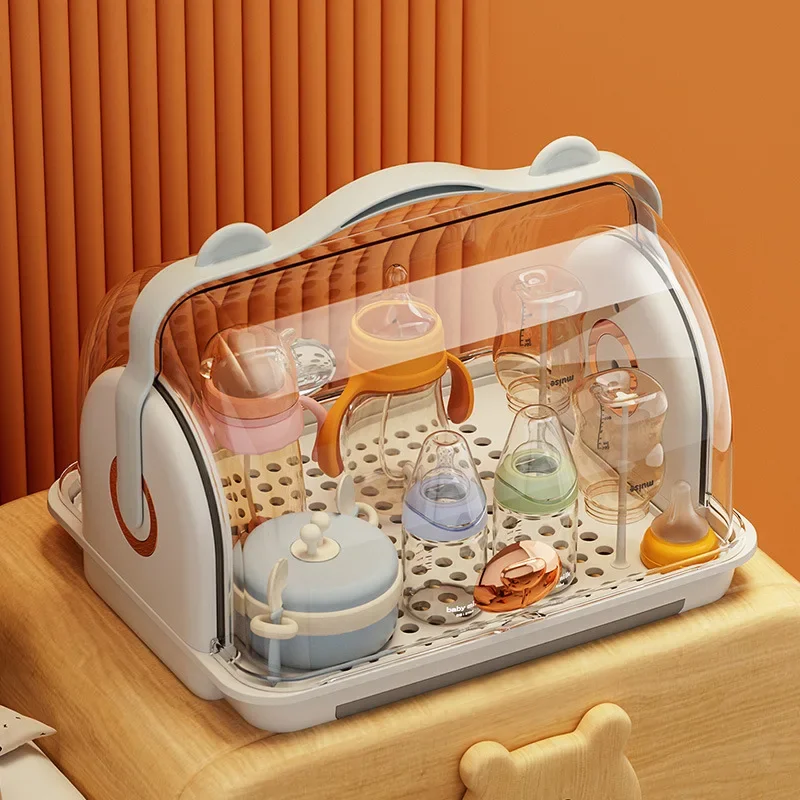 Baby desktop storage box with lid, dust-proof bottle drain rack, baby tableware, food supplementary tools, organization and stor