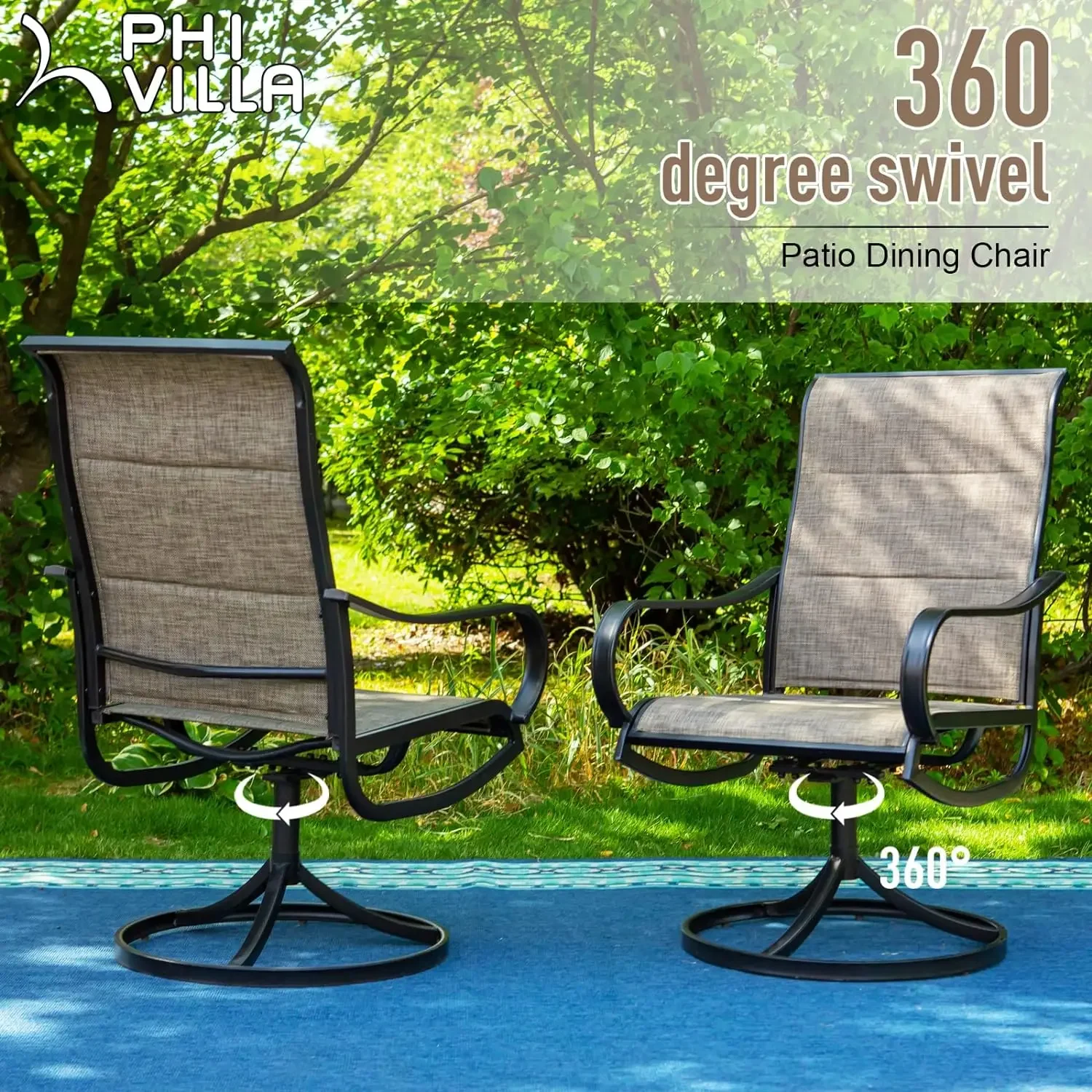 PHI VILLA Swivel Outdoor Chairs Set of 4, All Weather Mesh Fabric Patio Dining Chair with Padded Textilene & E-coating Metal