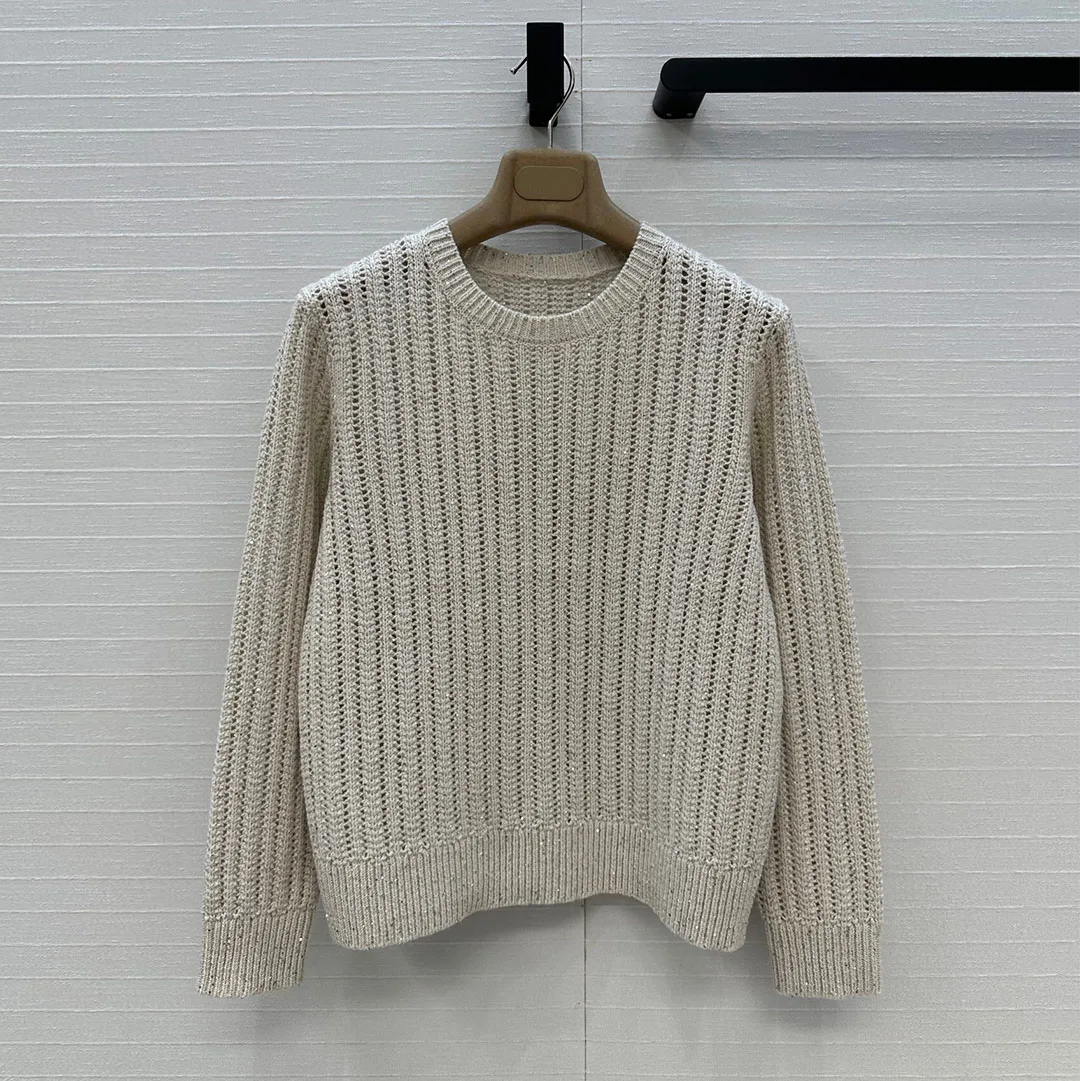 

Old Money Style Luxury 100% Cashmere Pullover Women Crochet Hollow Sequins O-neck Long Sleeve Solid Color Casual Knitted Sweater