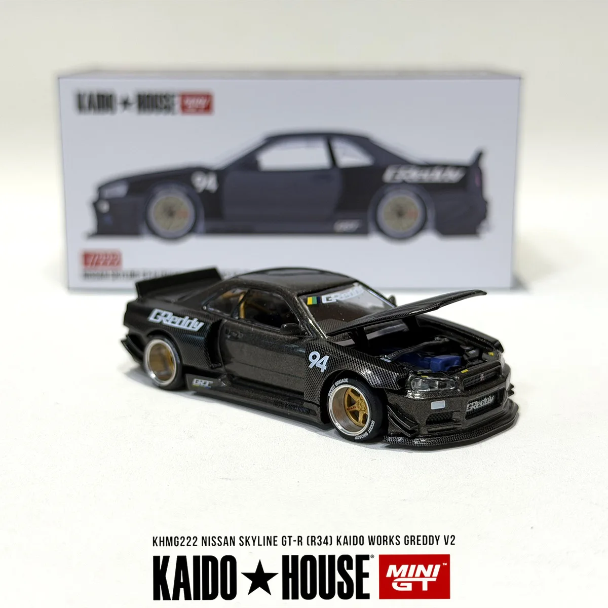 In Stock Kaido House 1:64 Skyline GT R R34 KHMG222 Full Carbon Kaido Works Greddy V2 Openable Hood Diecast Model Car image 2