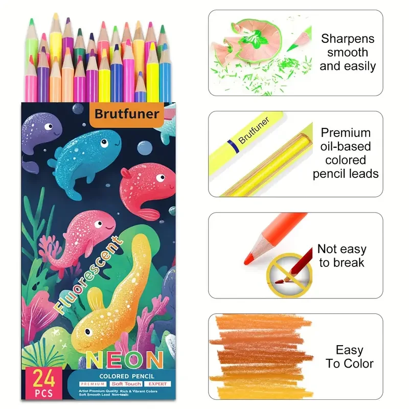 Brutfuner 24 fluorescent oil-based colored pencils, fluorescent colored pencils, Artists Soft Core with Vibrant Color, sketching
