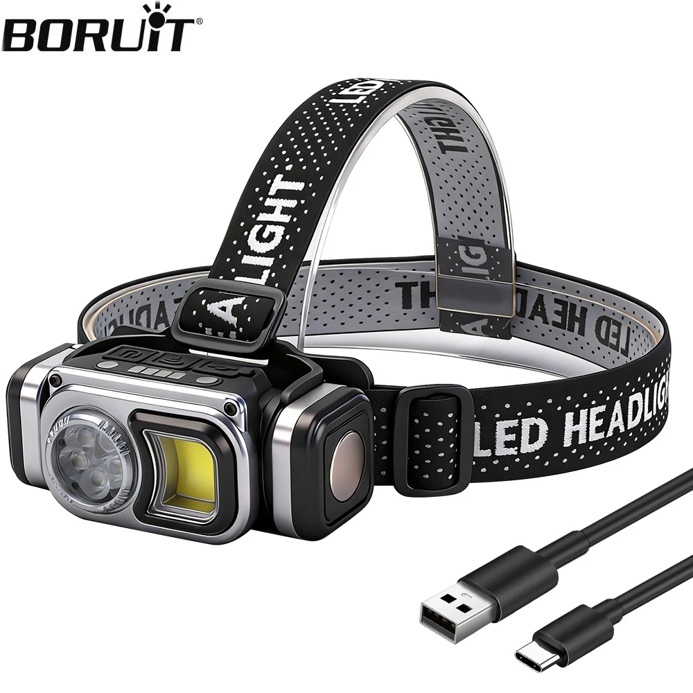 lanterna-de-cabeca-led-com-sensor-de-movimento-boruit-320lm-recarregavel-tipo-c-4-modos-a-prova-d'Agua-para-camping-e-pesca