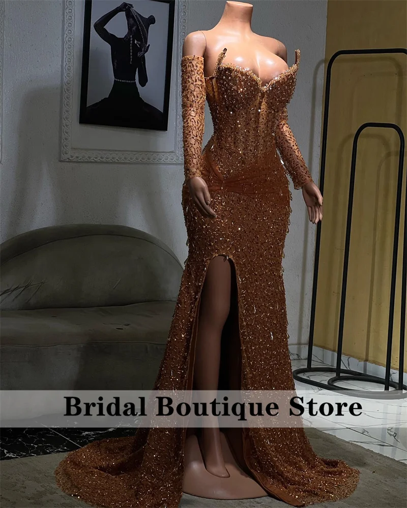 Sexy Sparkly Gold Prom Dress Sweetheart With Sleeves Side Split Beading Crystals Birthday Party Evening Gowns Wedding Customized