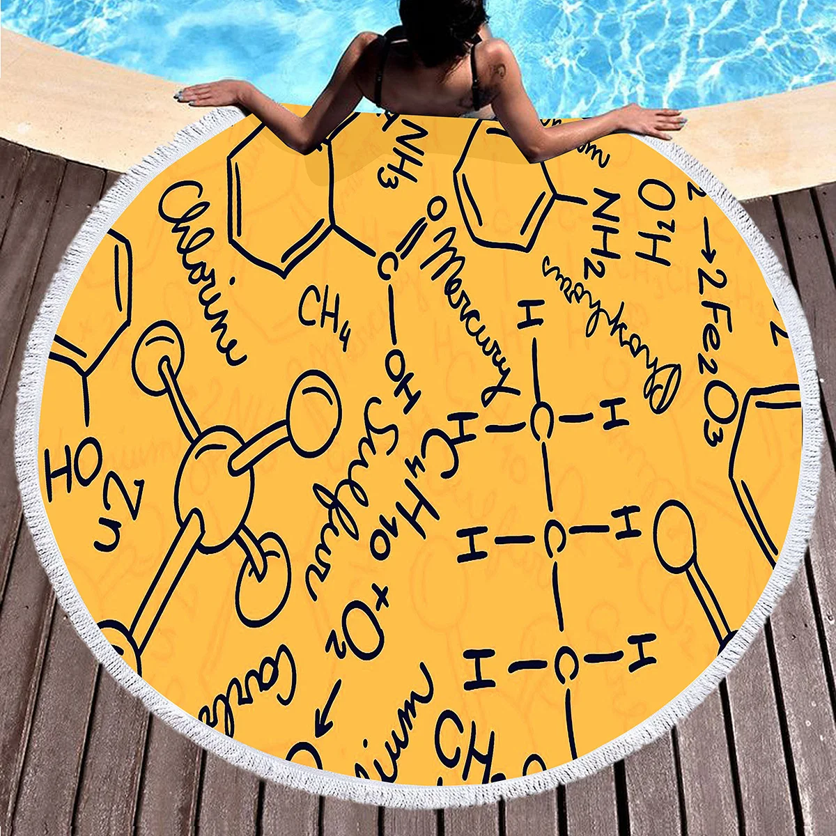 Science Formula Round Beach Towel Chemical Subject Theme Beach Blanket Circle Microfiber Quick Dry Geometry Educational Towel