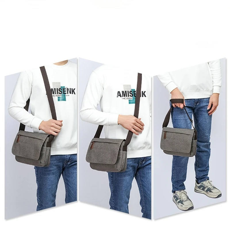 Nesitu High Quality Vintage Casual Black Coffee Khaki Blue Green Grey Durable Canvas Women Men Shoulder Messenger Bag M6437 view 6
