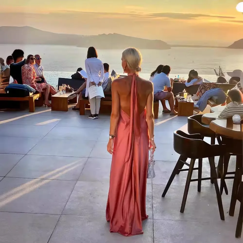 エレガントなサテンリボンホルターパーティードレス レディース セクシー バックレス オフショルダー ノースリーブ ローブ 2025 夏 新作 レディースイブニングガウン