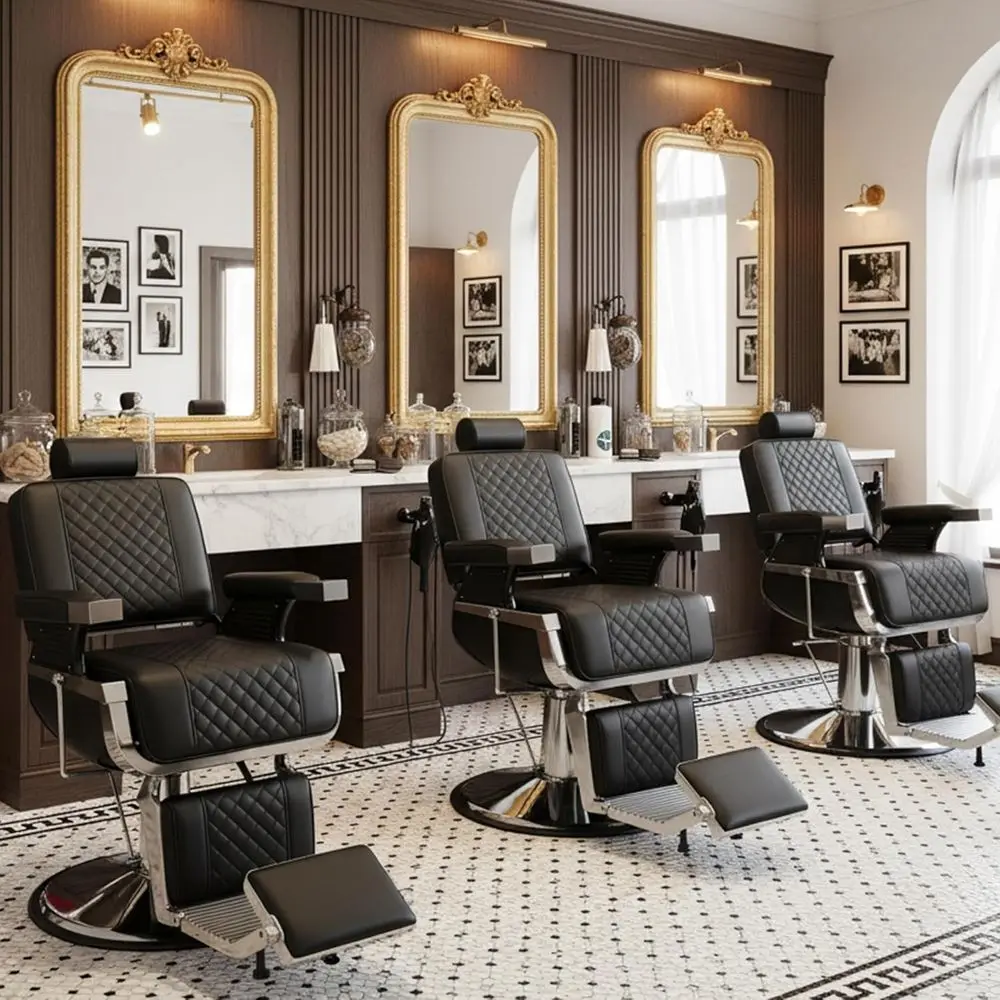 كرسي حلاق قوي مع مضخة هيدروليكية، جلد غرزة ماسية، مساند قابلة للتعديل، 360 درجة °   دوران، أسود وفضي