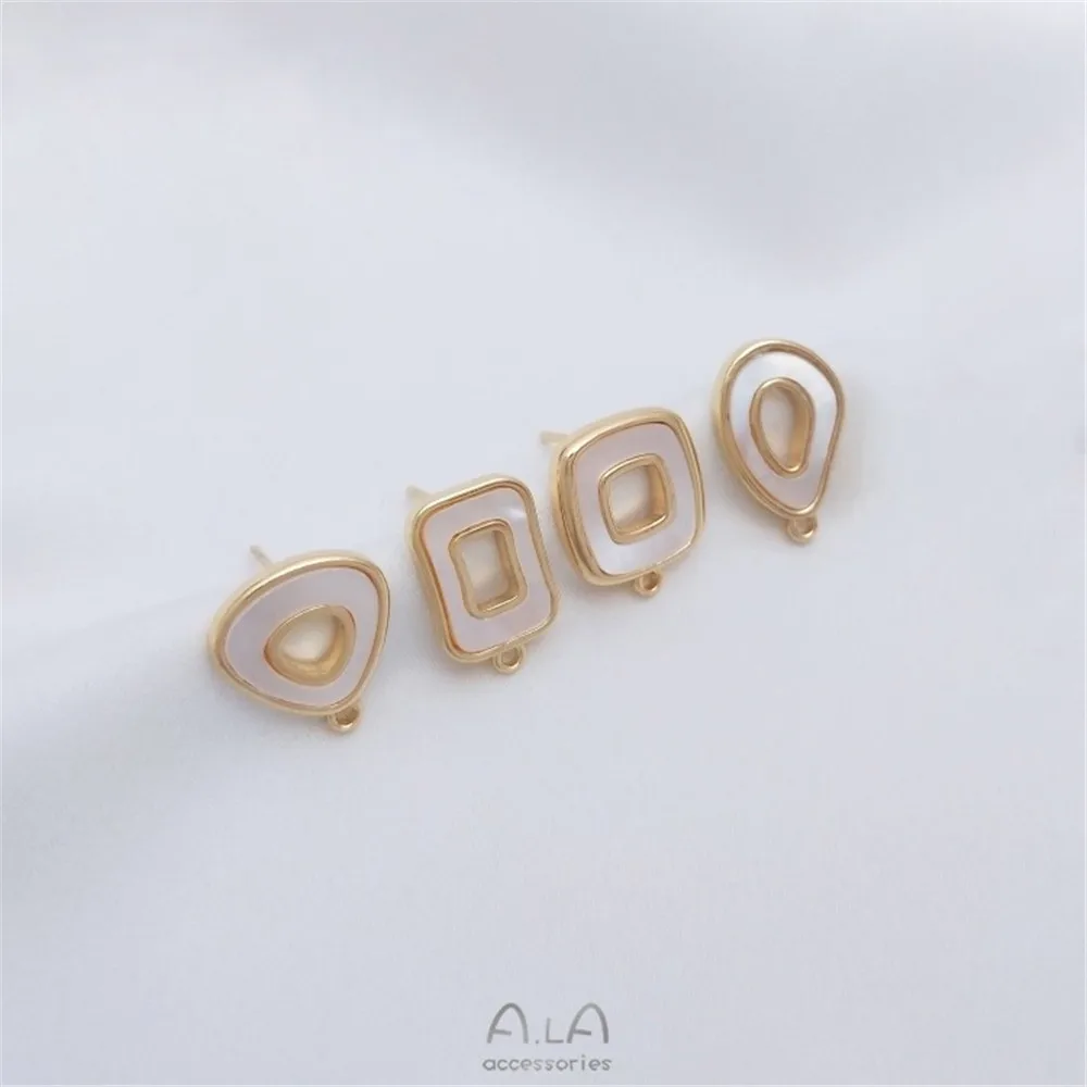 14K Gold Plated Brass Hollow Geometric Hoop Earring Blanks Inlaid Natural White Shell DIY Earring Findings - view 2