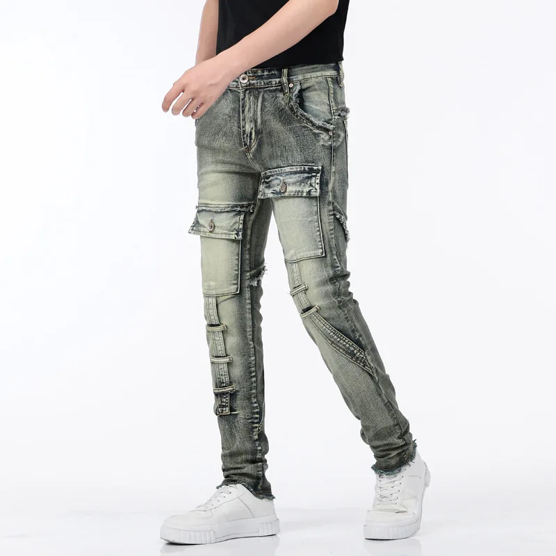 

2024New Autumn Multi-Pocket Motorcycle Jeans Men's Retro Distressed Yellow Mud Color Personality Slim Fit Stitching Trousers