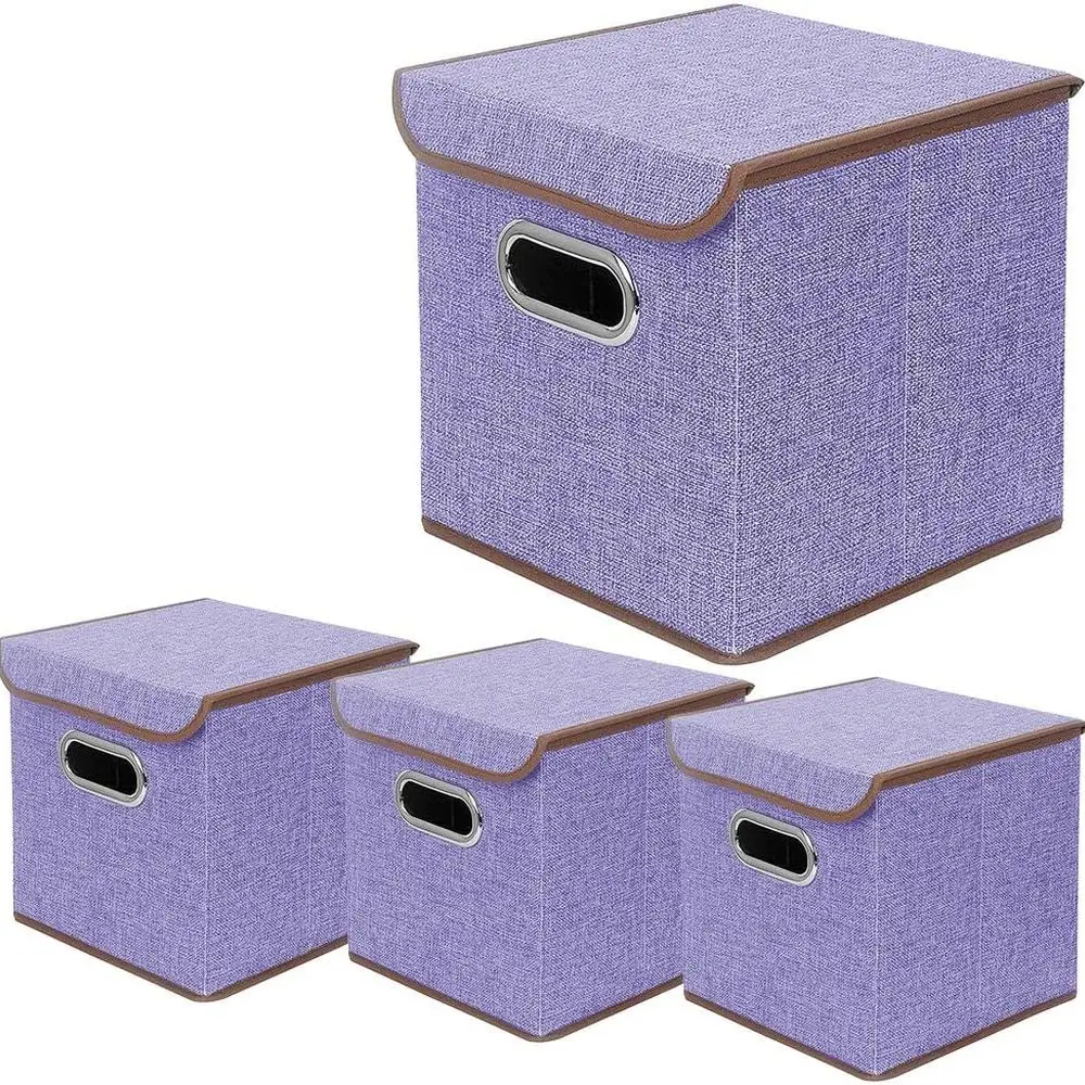 

Набор фиолетовых льняных контейнеров для хранения из 4 шт., складные органайзеры-кубы с крышками, 10x10x10 дюймов