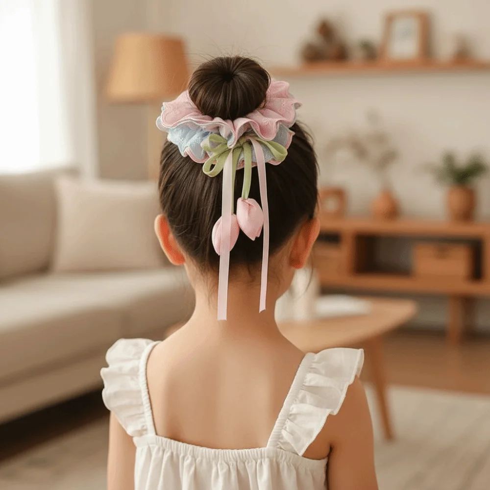 Floral Tulip Hair Scrunchie Multicolor Sweet-style Ribbon Hair Tie Durable Lightweight Kids Bun Maker Girls