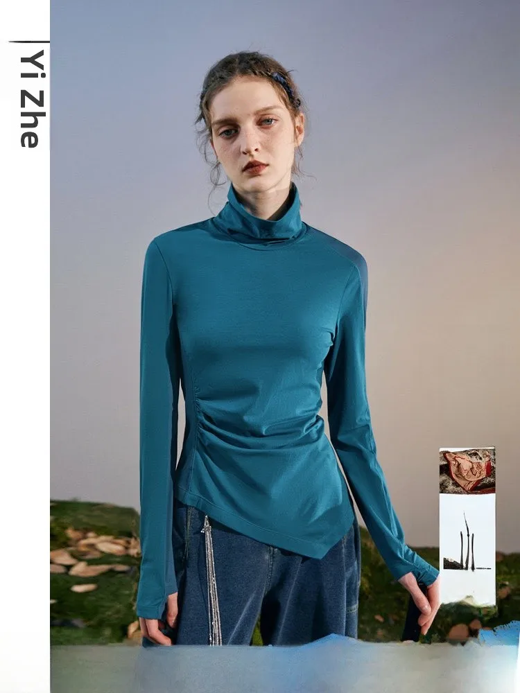 

Женская повседневная трикотажная футболка с высоким воротом и длинным рукавом, облегающая, осенняя новинка, удобная, из смесового хлопка и полиэстера