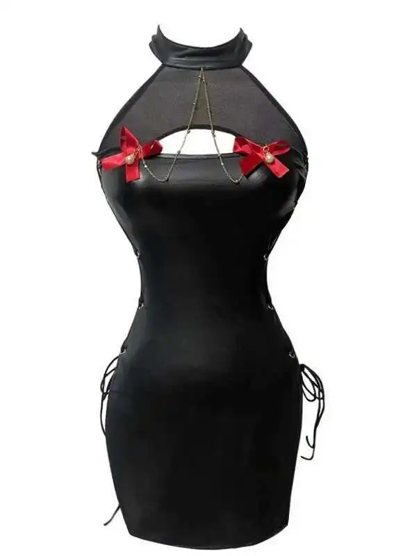 WOMENGAGA Nightclub Mini Bow Chain PU Pelle Spacco laterale Elastico Sexy Halter Neck Scava Fuori Abiti sul petto per le donne Eleganti 6NJ