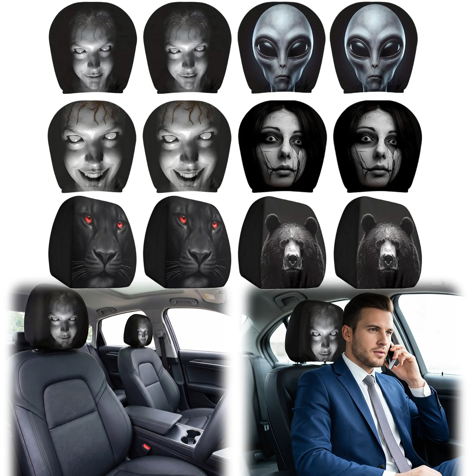 2Pcs Horror Design Car Headrest Covers Universal Car Seat Cover Breathable for Halloween Christmas Holiday for Sedan, Truck, SUV