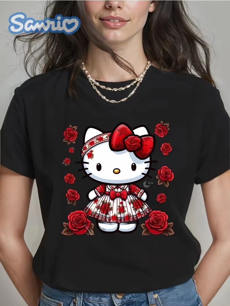 

Sanrio Hello Kitty Pattern Printed T-shirt Cute Weekend Outfit Suitable for All Seasons Women's Shirt Cotton Y2K T-shirt
