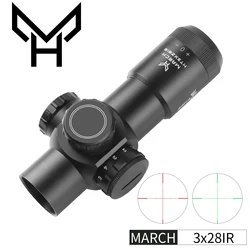 Março de Óptica Fixa Riflescope Curto, Verde e Vermelho Rifle Scope, Caça Sniper, Airsoft Air Guns, Ponto com Montagens, Visão, Março, H3x28IR