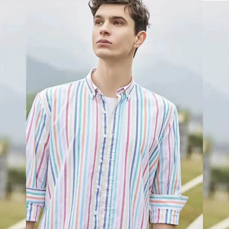 

Stripes Men's Cotton Shirt Long Sleeve Loose Fit Four Seasons Suitable Stand Collar Other Scenes Mixed Fabric
