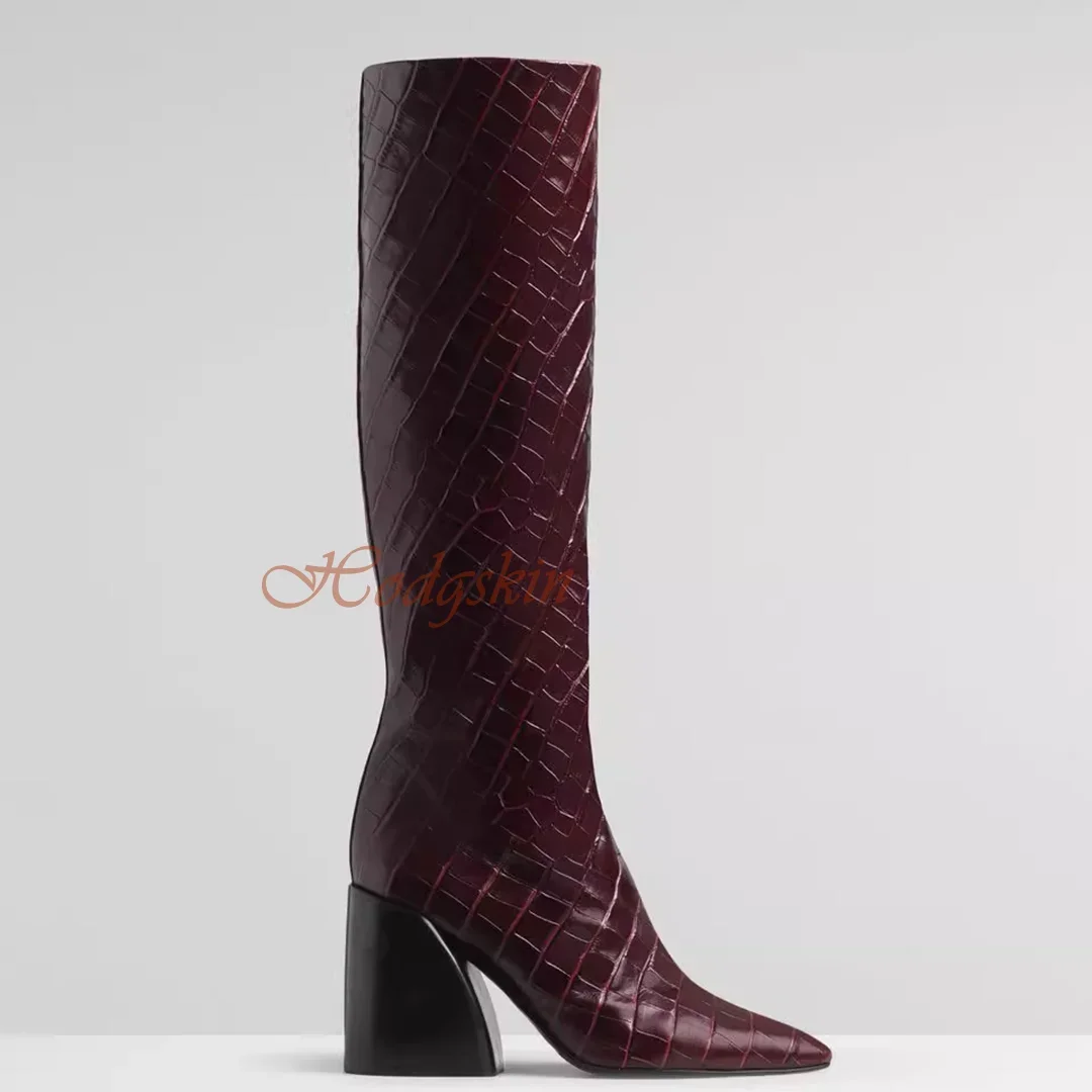 Weave Chunky High Heels Boots Pointy Toe Solid Stone Pattern Boots Knee High Winter Party Side Zipper Women Shoes Designer New