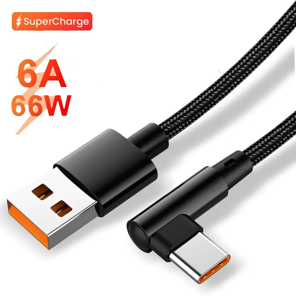 

6A 66W USB C Charging Cable 90° Elbow Design Fast Charging Type C Cable Quick Charging For Smart Devices High Speed Data Cords