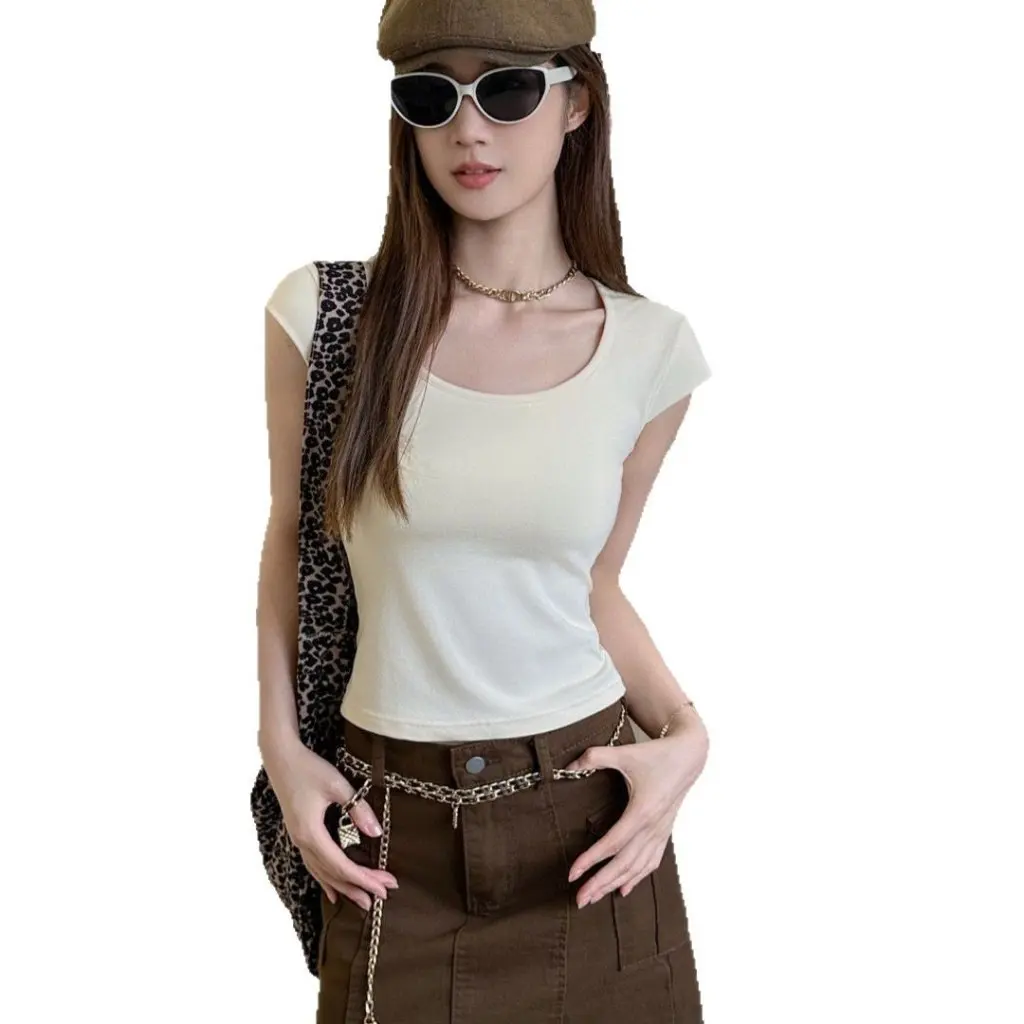 

Ice Silk Slim Fit T-shirt with Chest Pad Flying Sleeve for Women Short Joker Design Air Conditioner Top to Wear