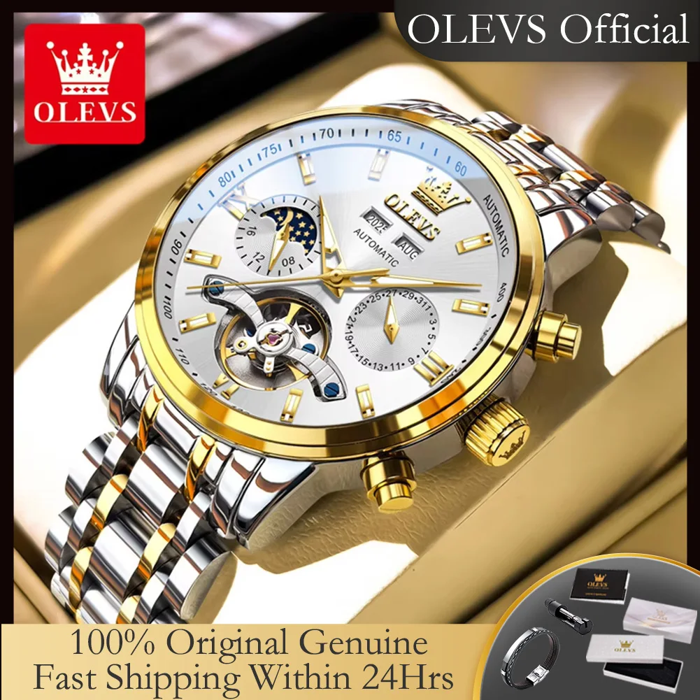 OLEVS 6740 New Automatic Watches for Man Moon Phase Man Watch Fashion Skeleton Flywheel Luxury Business Mechanical Men's Watches