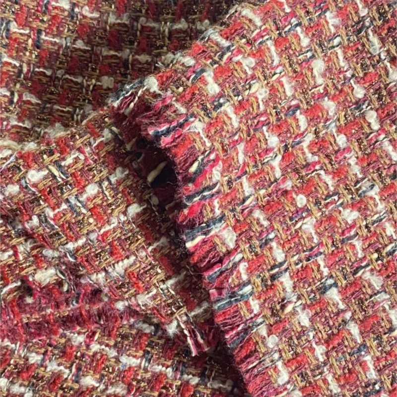 Red plaid tweed fabric Wide 100cm x 150cm ladies tweed fabric Woven Vintage Coarse Tweed Diy Coat Suit