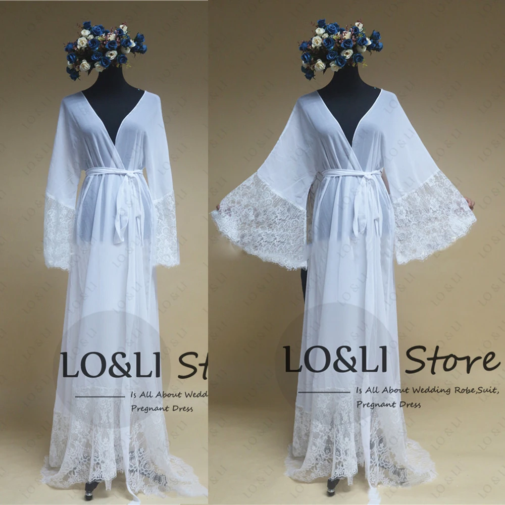 LO&LI Summer Chiffon with Lace Robe For Women Wedding Long Puffy Sleeve Elegant Bride Robe Dress Gown Real Picture Sleepwear