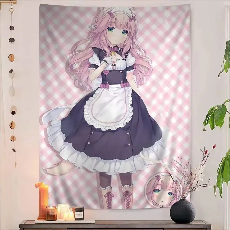 VIKAMA Cat Ear Maid Girls Anime Tapestry, Pastel Kawaii Wall Hanging, Aesthetic Girls Bedroom Dorm Decor, Manga Photo Backdrop