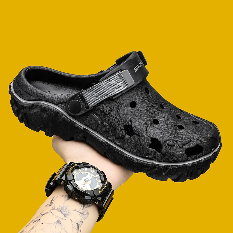 Zuecos para Hombre con Correa Ajustable, Zapatos de Jardín de EVA Antideslizantes, Sandalias de Playa para Exteriores, Pantuflas Casuales con Orificios para Caminar, Negro, Azul Marino, Gris