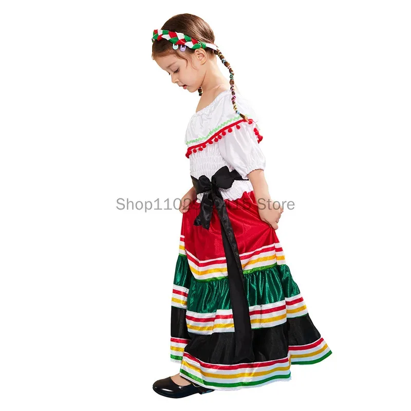 

Children Traditional Folk Mexican Day Of The Dead Cosplay Costume Girls Retro Stripe Dress Kids Halloween Carnival Party Outfits