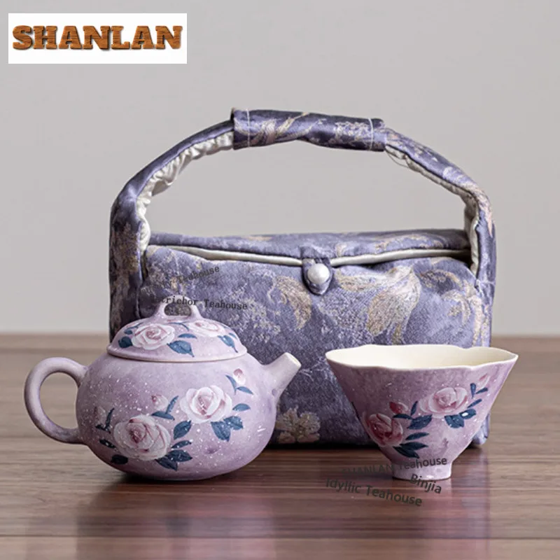 Hand Painted Rose Pear Shape Travel Tea Set Kit Antique 1 Pot 1 Cups Tea Making Organizer Portable Camping Tote Bag Ornaments