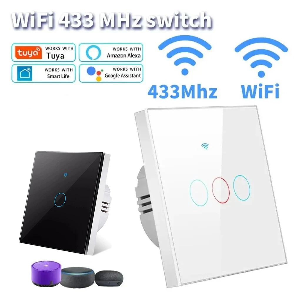 EU Tuya WiFi Smart Switch Funktioniert Mit Alexa Kein Neutralleiter Drahtlose RF433Mhz Remote Wand Touch Sensor Beleuchtet Schalter 1/2/3Gang