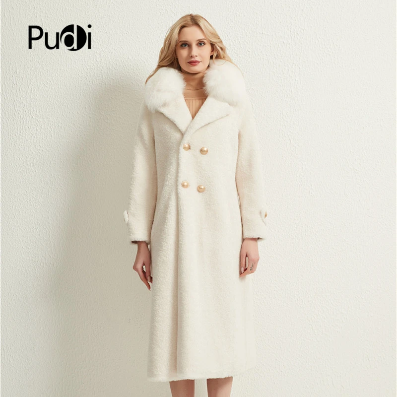 Pudi women X-long real sheep fur coat jacket female winter fox fur collar jackets parka trench H1706