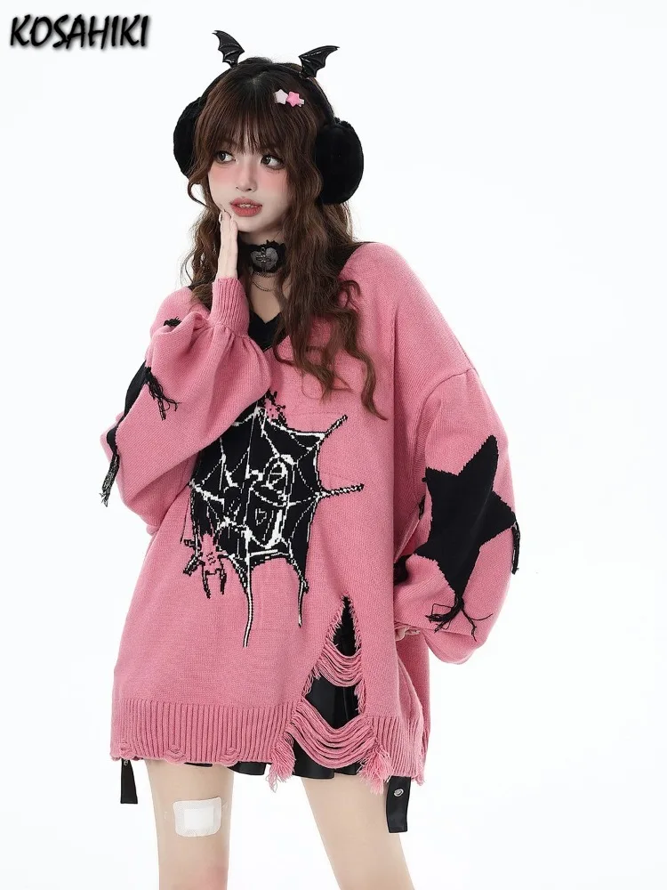 Japanese Loose Casual Women Sweater Y2k Vintage Print Star Tassel Knitted Jumper Contrast Color Grunge V Neck Pullovers Gothic