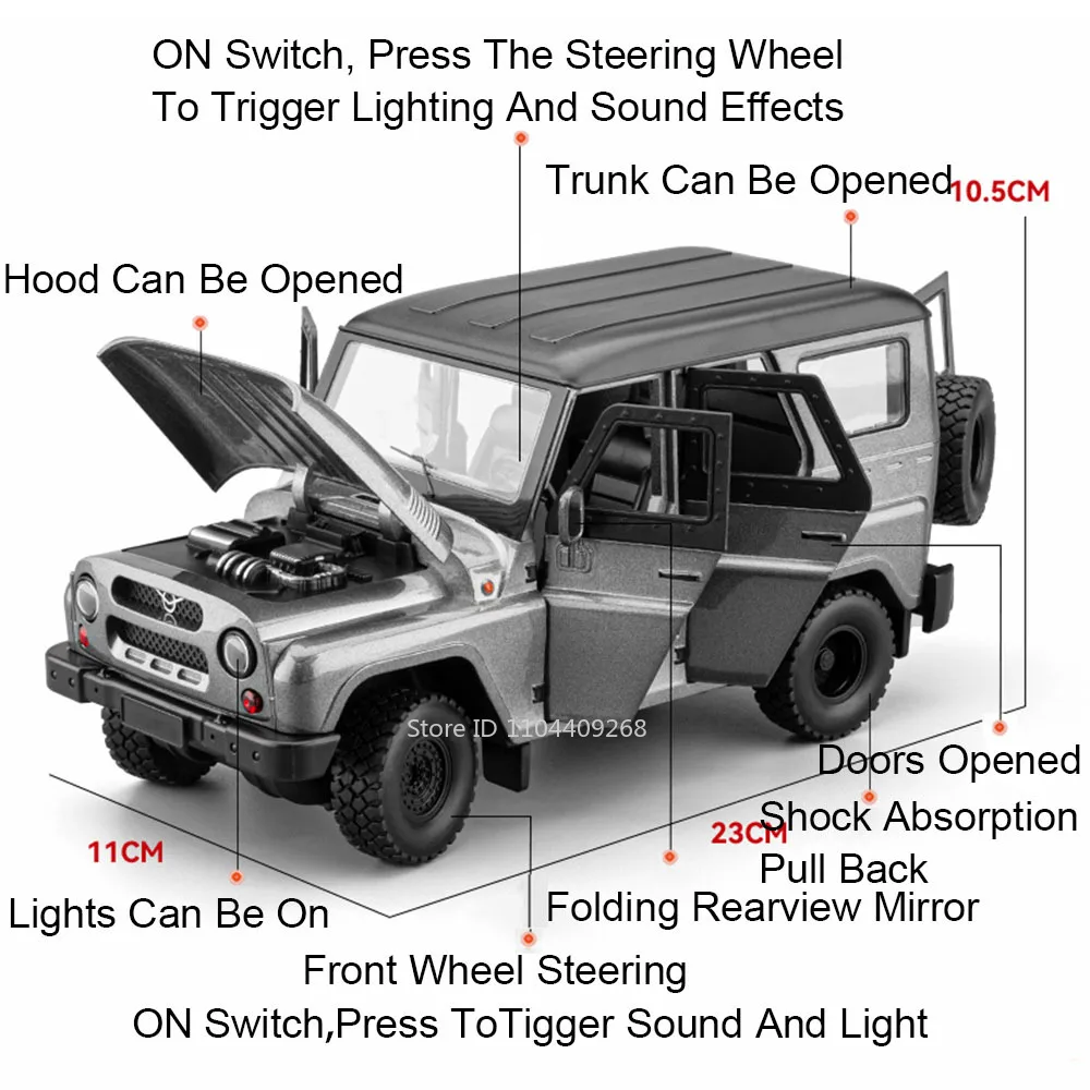 1:18 UAZ Hunter H2 Polizeiauto Modell Spielzeug Sound Licht Zurückziehen Stoßdämpfung Geländewagen Miniatur Geschenke für Kinder