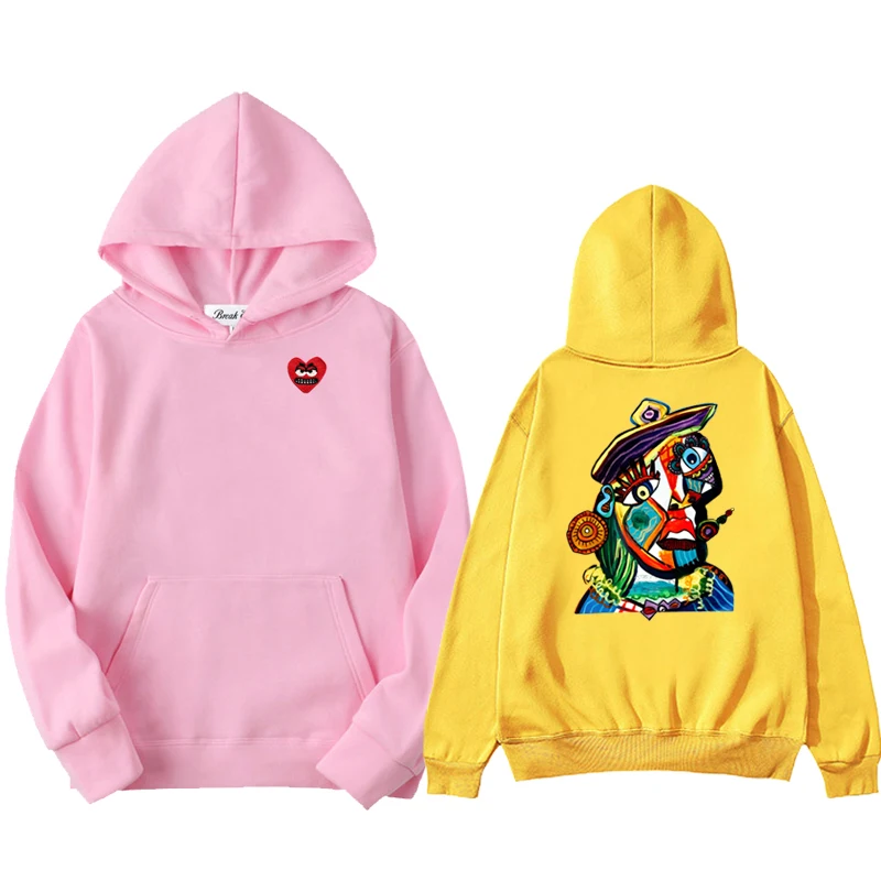 

Color Oil Painting 2 Women Men Hoodie Polyester Cool Cute Snag Heart Embroidery Pullover Pockets Thin Loose Autumn Sweater