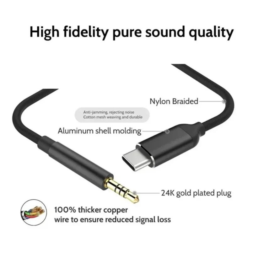 Braided USB C to 3.5mm Hi-Fi Audio Cable Aux Cord Durable for Car Speaker Headphone Phone Laptop Home Office Outdoor Daily Use