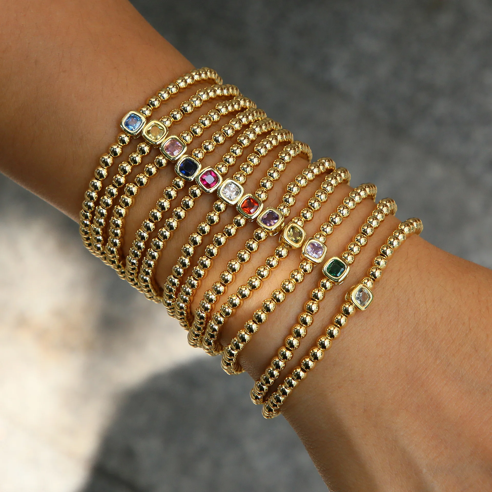 DOREMI 12 Month Zircon Charm Personalized Copper Beaded Bracelet with Square Birthstone Elegant Custom Birthstone Bracelet