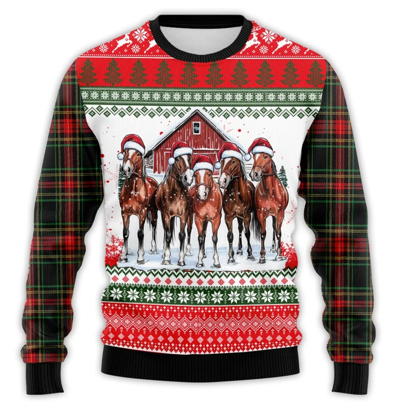 Happy Farm Ugly Christmas Sweater For Women Clothes Farm Animals Mens Pullovers Horse Sheep Cow Xmas Holiday Crewneck Sweatshirt