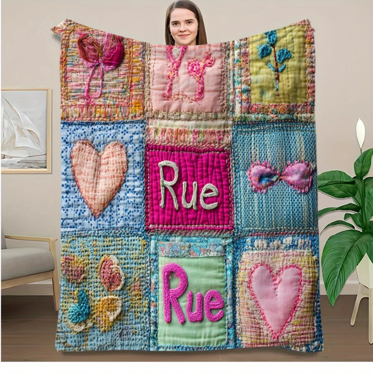 Handgefertigte Vintage-Flanell-Patchwork-Steppdecke, Namens-Herz-Design, bunter Ganzjahres-Überwurf für Schlafsofa, Camping, Heimdekoration, Geschenk
